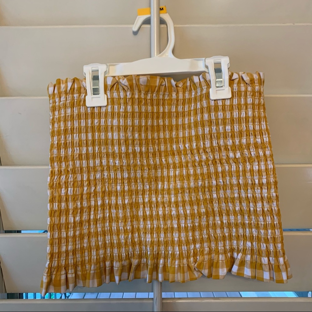 Ruched strapless yellow plaid top